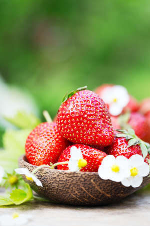 Perfect sweet ripe strawberries on a wooden backgroundの写真素材