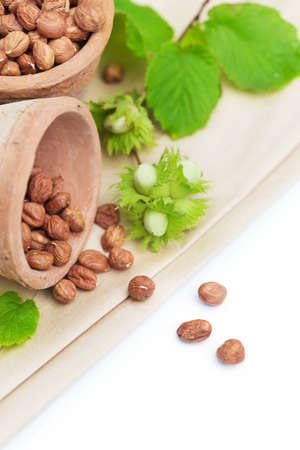 fresh hazelnut on a wooden background outdoorsの写真素材