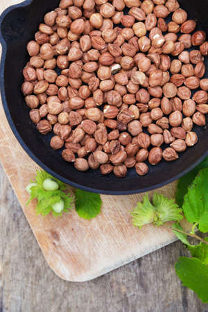 fresh hazelnut on a wooden background outdoorsの写真素材