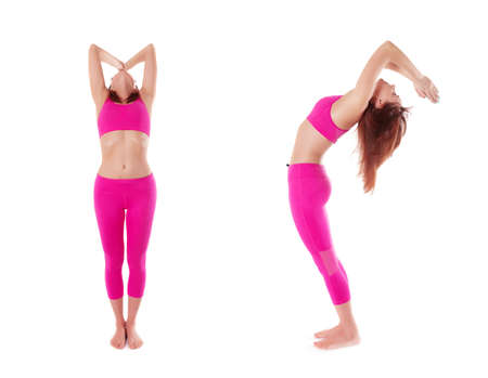 Woman practicing Hasta Uttanasana, Raised Arms Yoga Pose, Surva Namaskara. Front view and side view.の写真素材