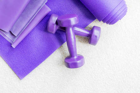 Fitness yoga pilates equipment props on a carpetの写真素材