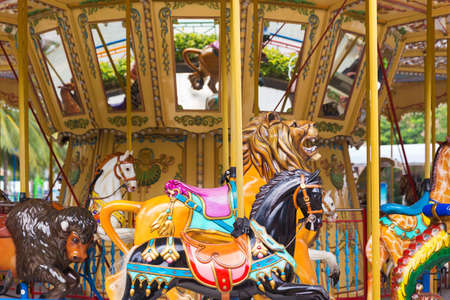 Pretty carousel adventure in an amusement entertainment parkの写真素材