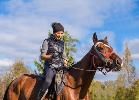 Elegant attractive woman riding a horse on a fieldの写真素材
