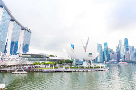 Singapore, 14 January 2016 - Landscape of Marina Bay Sands hotel, bridge, museum and financial districtのeditorial素材