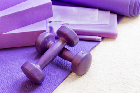 Fitness yoga pilates equipment props on a carpetの写真素材