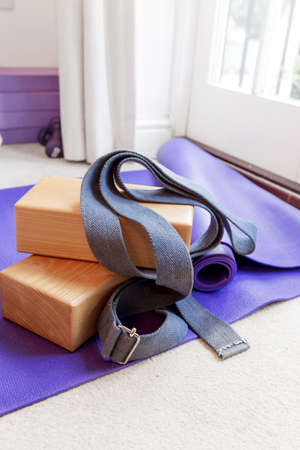 Fitness yoga pilates equipment props on a carpetの写真素材