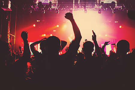 silhouettes of a massive crowd at the party concert club music happyの写真素材