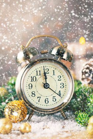 Christmas countdown to new year Clock and balls and firの写真素材