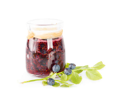 Fresh blueberry homemade jam on a white backgroundの写真素材