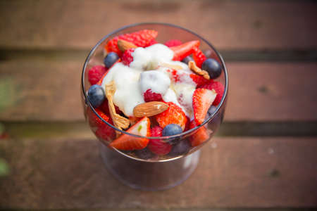 Fresh yogurt with fruits and muesli for breakfastの写真素材