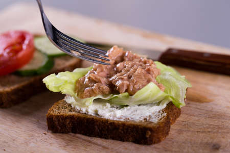 Cooking fresh homemade grilled tuna sandwichの写真素材