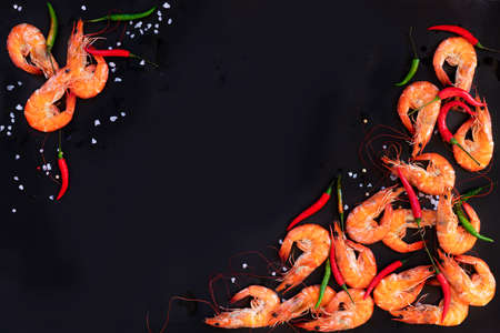 Perfect cooked prawns shrimps with herbs, spicesの写真素材