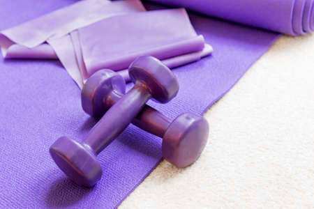 Fitness yoga pilates equipment props on carpetの写真素材
