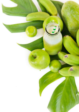 Tropic flat lay top view tropical green fruitsの写真素材