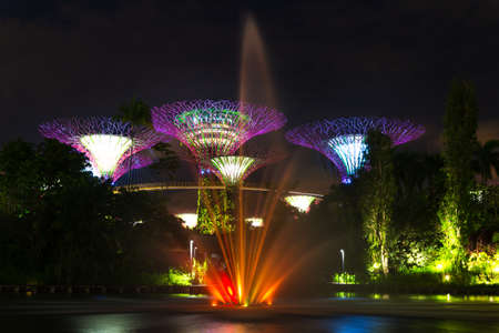 Landscape of the Singapore The Supertree at Gardens by the Bay in Marina Bay evening lightsのeditorial素材