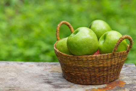 Fresh sweet juicy red and green apples with flowers on a wooden background in gardenの写真素材