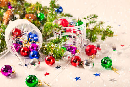 Christmas baubles for decoration on a white backgroundの写真素材