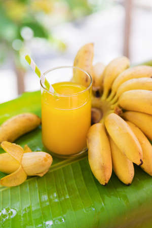 Bunch of bananas on leaf with smoothie juice drink in glass tropical exotic outdoorsの写真素材