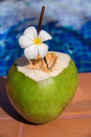 Fresh coconut juice with straw and plumeria, frangipani, flower on border of a swimming pool - holiday tropical conceptの写真素材
