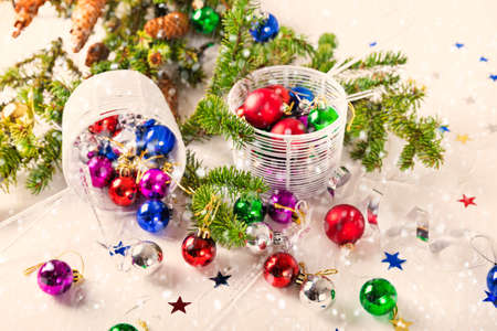Christmas baubles for decoration on a white backgroundの写真素材