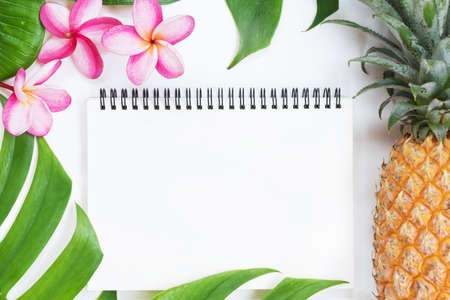 Tropical top view summer botanical concept  still life notebook pineapple frame with monstera liana, vine, palm leaves and plumeria frangipani flower flat lay layoutの写真素材