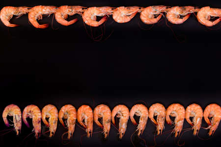 Perfect cooked prawns shrimps and text space note book top view flat lay layoutの写真素材