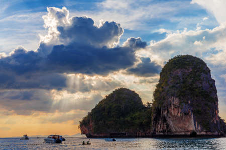 Popular travel tropical karst rocks perfect for climbing Phra Nang Cave Beach in sunset, Krabi province, Thailandの写真素材