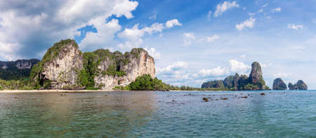 Popular travel tropical karst rocks perfect for climbing Railay and Tonsai Beach, Krabi province, Thailandの写真素材