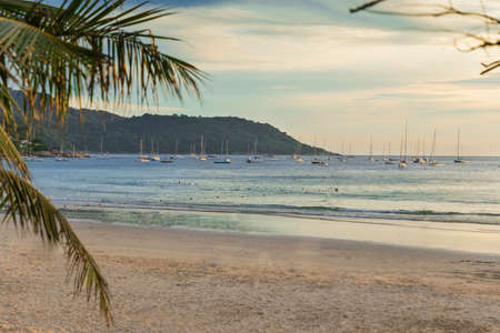 Sailboats resting after regatta at Kata Beach Phuket island Thailand in sunset lightsの写真素材
