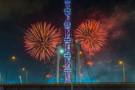 Fireworks celebrating Chinese New year in Singapore after Chingay Paradeの写真素材