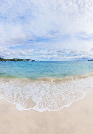 Amazing tropical blue sea shore with white sands Panwa beach on Phuket island, Thailandの写真素材