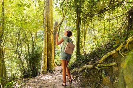 Young woman with hiking bag on a trekking trail in tropical rain forestの写真素材