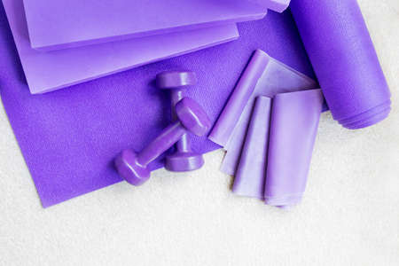 Fitness yoga pilates equipment props on a carpetの写真素材