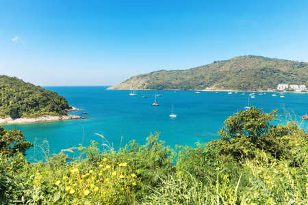 View on Nai Harn bay beach beach at Rawai area on the Phuket islandの写真素材