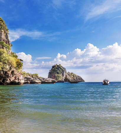 Popular travel tropical karst rocks perfect for climbing Phra Nang Cave Beach, Krabi province, Thailandの写真素材