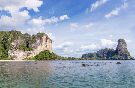 Popular travel tropical karst rocks perfect for climbing Railay and Tonsai Beach, Krabi province, Thailandの写真素材