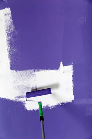 Violet paint roller on a white wall