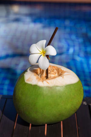 Fresh coconut juice with straw and plumeria, frangipani, flower on border of a swimming pool - holiday tropical conceptの写真素材