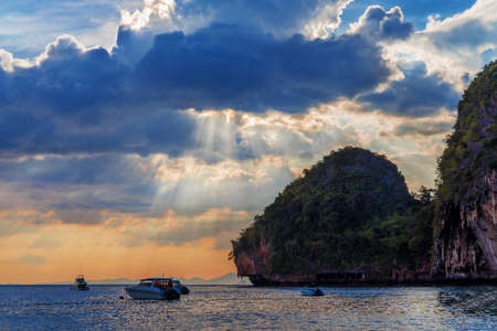 Popular travel tropical karst rocks perfect for climbing Phra Nang Cave Beach in sunset, Krabi province, Thailandの写真素材