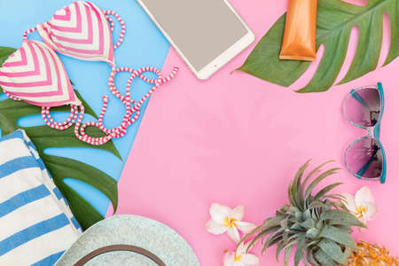Tropical top view summer holiday concept still life with monstera liana, vine, palm leaves on pink and blue background flat lay layoutの写真素材