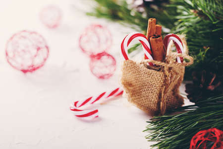 Christmas composition with red baublesの写真素材
