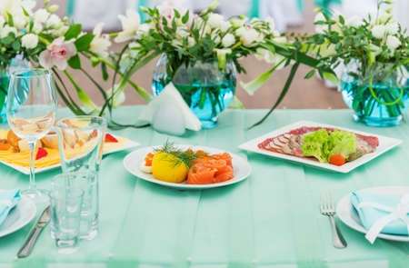 Blue wedding table with snacksの写真素材