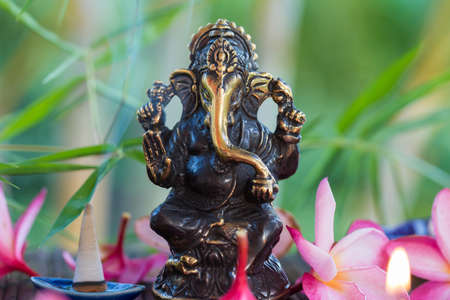 Statue of Ganesha Indian Hinduism God of wisdom and prosperity and heap of plumeria frangipani flowersの写真素材