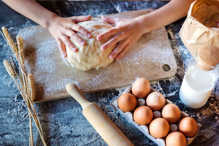 Knead the dough with wheat on a darkの写真素材