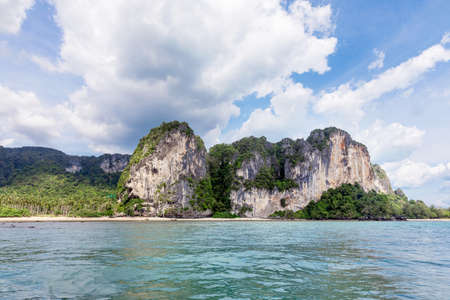 Popular travel tropical karst rocks perfect for climbing Railay and Tonsai Beach, Krabi province, Thailandの写真素材