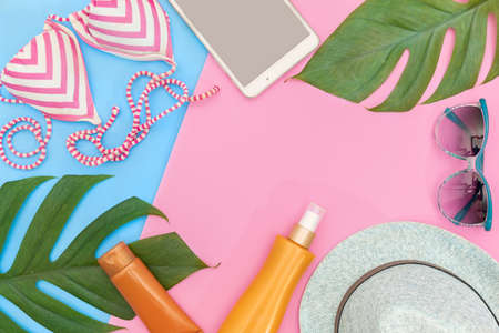 Tropical top view summer holiday concept still life with monstera liana, vine, palm leaves on pink and blue  flat lay layoutの写真素材