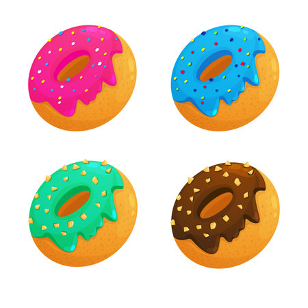 Set of donuts with glaze and sprinkles. vector illustration.のイラスト素材