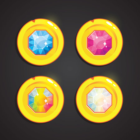 Set of colorful gems and coins isolated on black background. Vector illustration.のイラスト素材