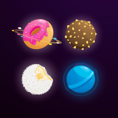 Different types of candy planets. Vector illustration in cartoon style on a dark backgroundのイラスト素材