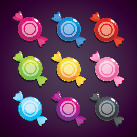 Colorful candies icons set on purple background. Vector illustration.のイラスト素材